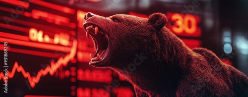 Roaring Bear Market: A fierce brown bear roars against a backdrop of a plummeting stock market chart, symbolizing the volatility and uncertainty of market downturns.   photo