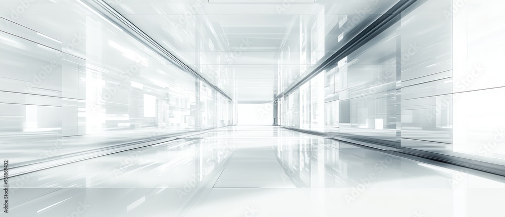 Futuristic White Hallway with Glass Walls and Reflective Floor