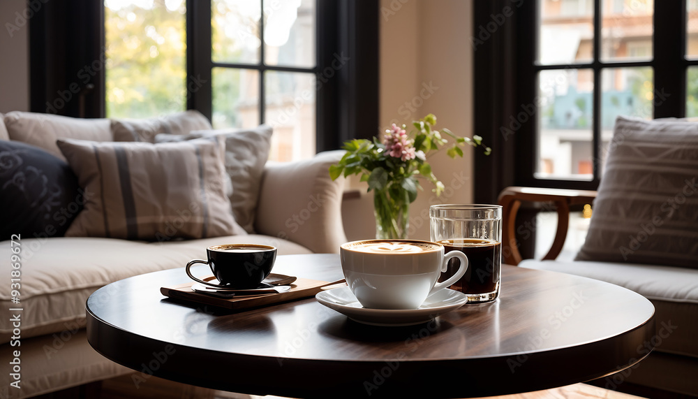 coffee time in a glamorous home, two cups and a glass of coffee coffee time in a glamorous home, two cups and a glass of coffee
