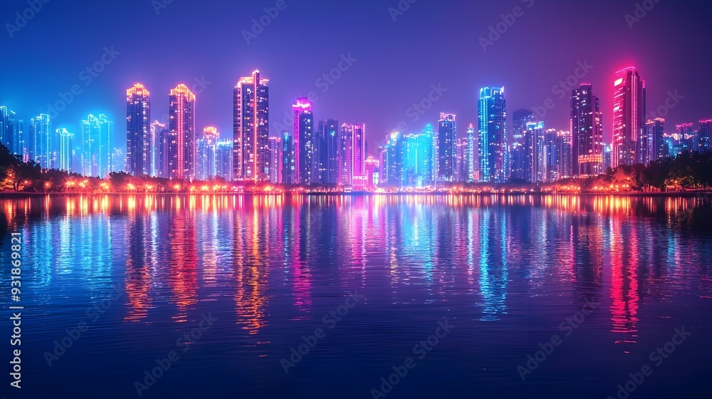 Fototapeta premium Neon-outlined city skyline reflected in a tranquil river,creating a mesmerizing and futuristic scene