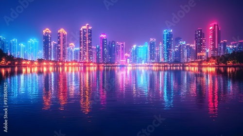 Neon-outlined city skyline reflected in a tranquil river,creating a mesmerizing and futuristic scene