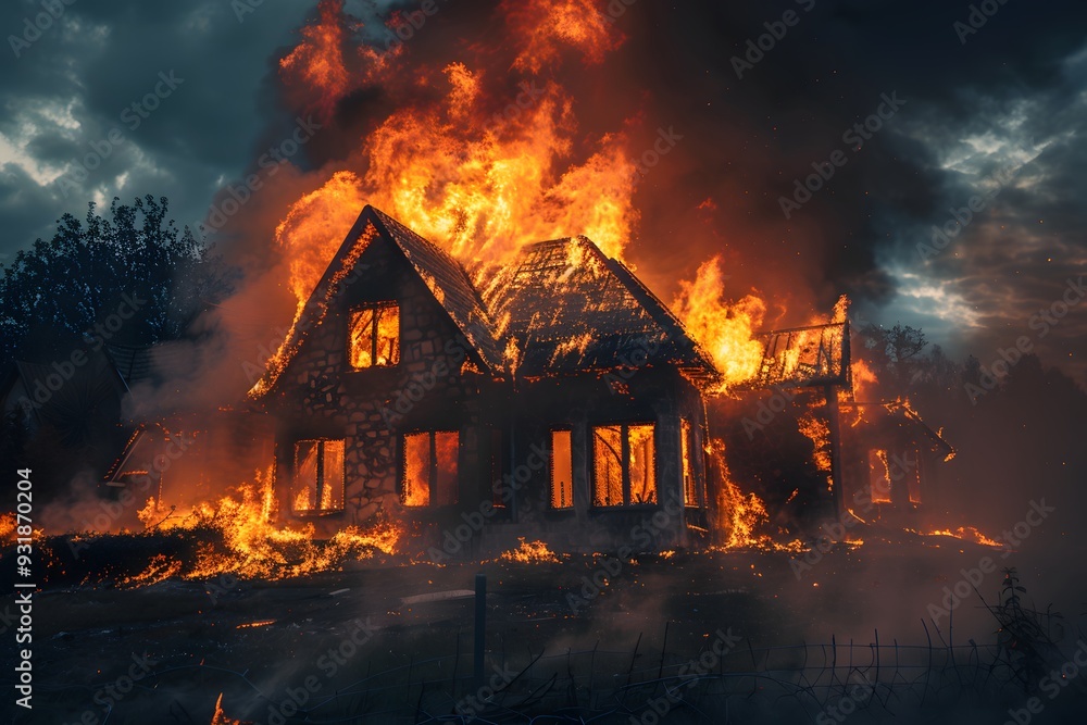 Devastating Blaze Engulfs a House in Flames Amidst Darkening Skies Devastating Blaze Engulfs a House in Flames Amidst Darkening Skies