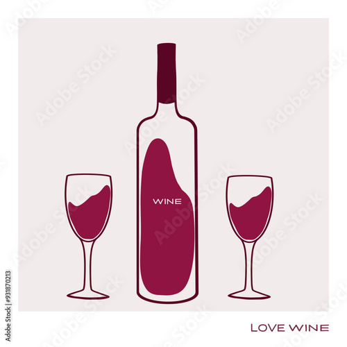 Elegant wine bottle and two glasses set on a soft backdrop for a romantic evening