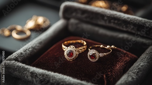 Exquisite jewelry piece showcasing a golden ring and matching earrings with radiant red stones, elegantly displayed in a velvet box.