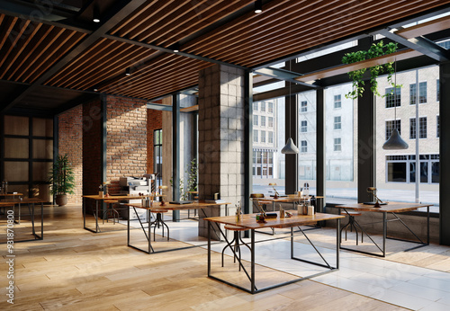 open office space with wooden floors and brick walls