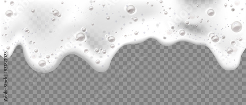 Realistic beer foam with bubbles isolated on transparent background, 