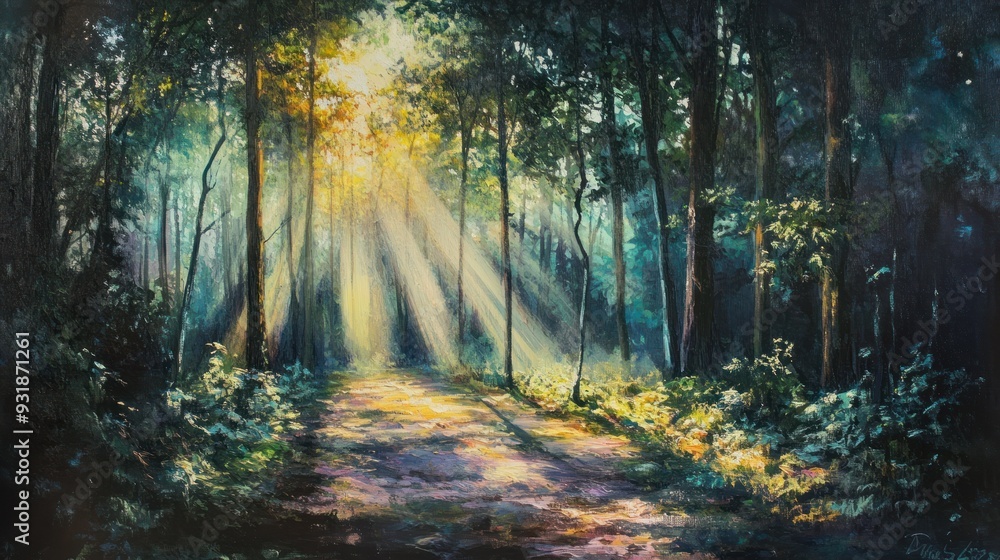 Obraz premium Sunbeams Illuminating a Path Through a Dense Forest
