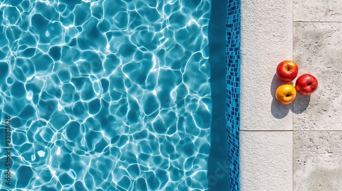 Ripe apples on swimming pool edge image. Healthy summer snacks at poolside photography scene wallpaper. Dazzling water and fresh fruits on summer day concept photorealistic photo photo