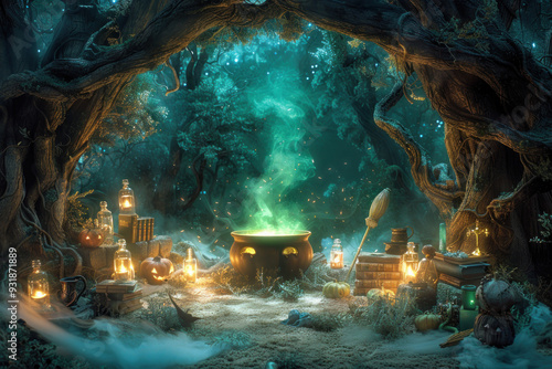 Mystical forest clearing with bubbling cauldron