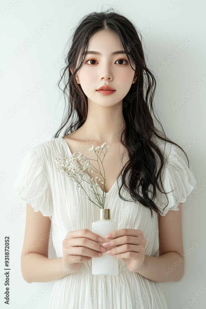 Portrait of woman holding a perfume bottle with flowers Portrait of woman holding a perfume bottle with flowers