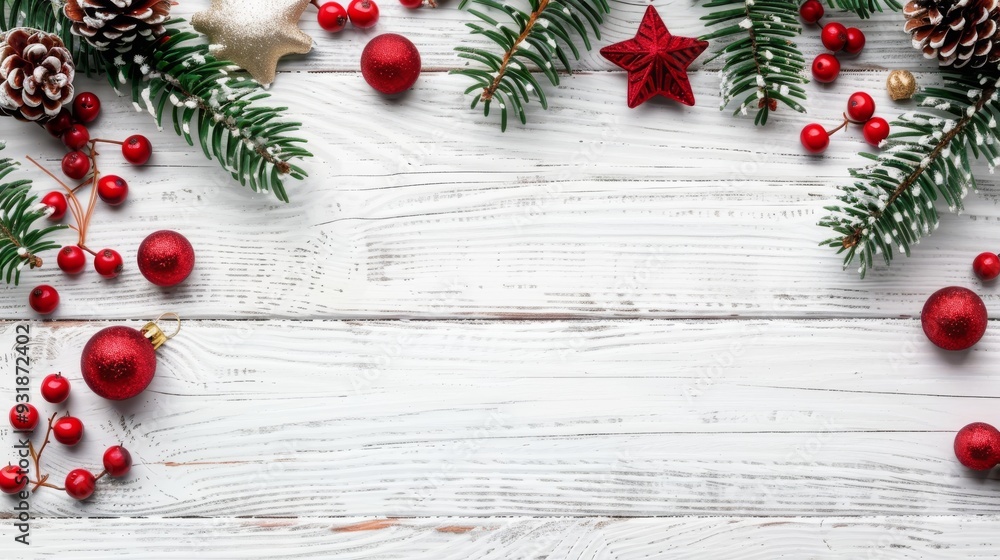 Christmas decor with copy space on white wooden background Christmas decor with copy space on white wooden background
