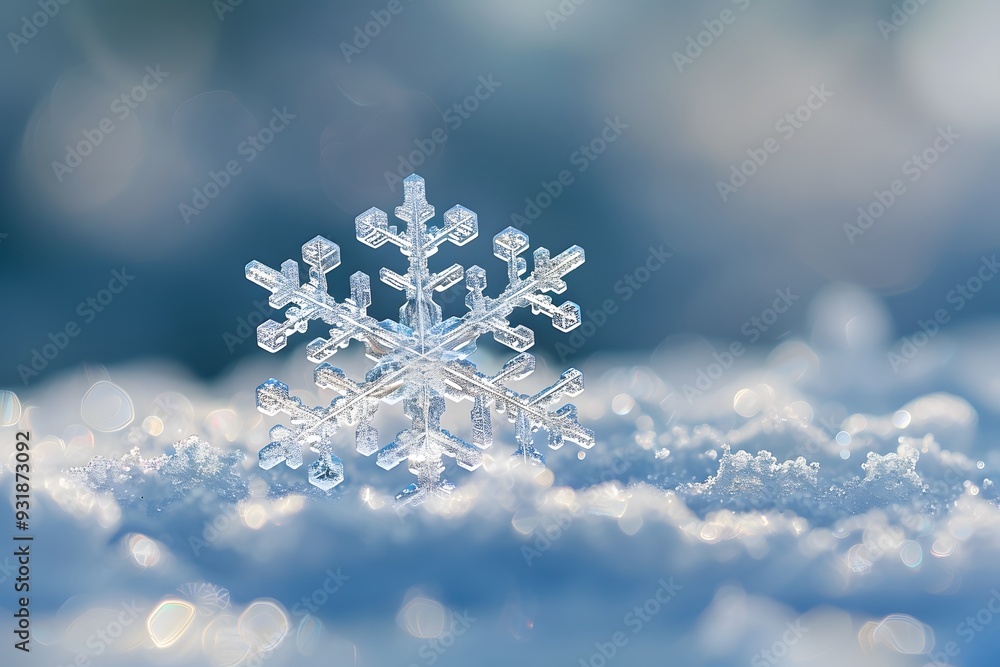 Delicate Snowflake on a Blanket of Snow with Sparkling Background Delicate Snowflake on a Blanket of Snow with Sparkling Background
