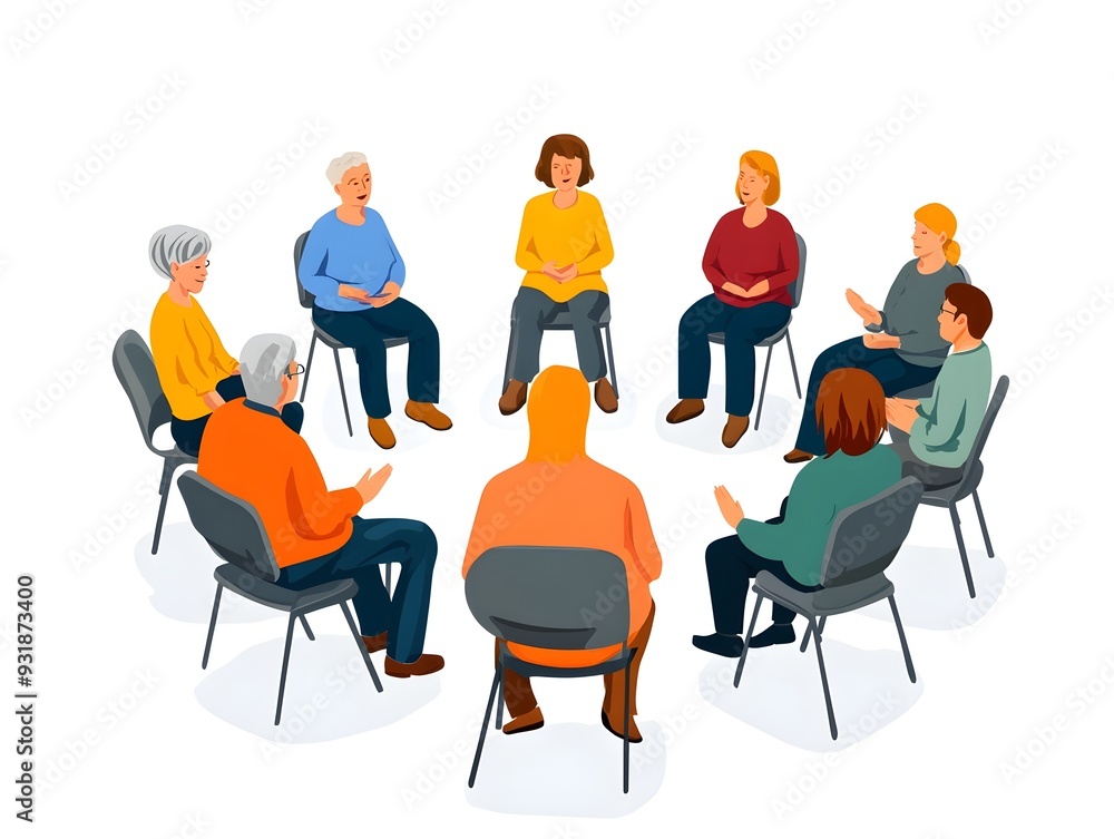 Group of Cancer Patients and Survivors Sitting in Circle Offering Support and Sharing Their Journeys in a Warm Welcoming Environment for Therapy and Healing Group of Cancer Patients and Survivors Sitting in Circle Offering Support and Sharing Their Journeys in a Warm Welcoming Environment for Therapy and Healing