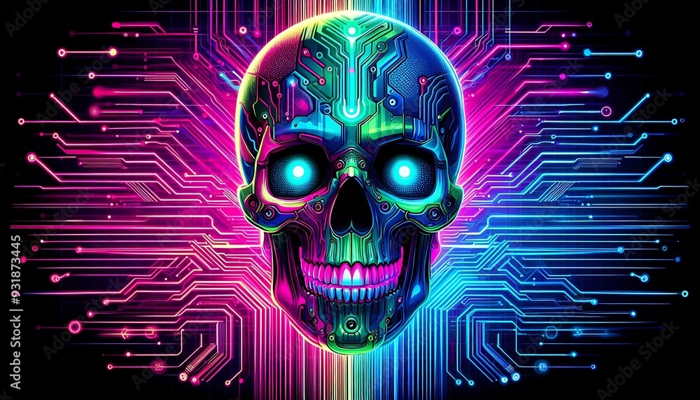 Vibrant Cyberpunk Skull Background with Neon Colors and Futuristic Tech Elements Vibrant Cyberpunk Skull Background with Neon Colors and Futuristic Tech Elements