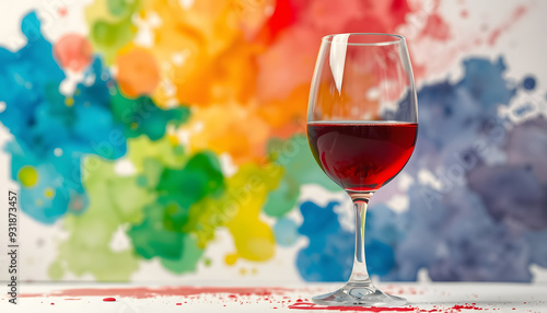 Colorful paint and sip watercolor canvas with red wine glass isolated with white highlights, png photo