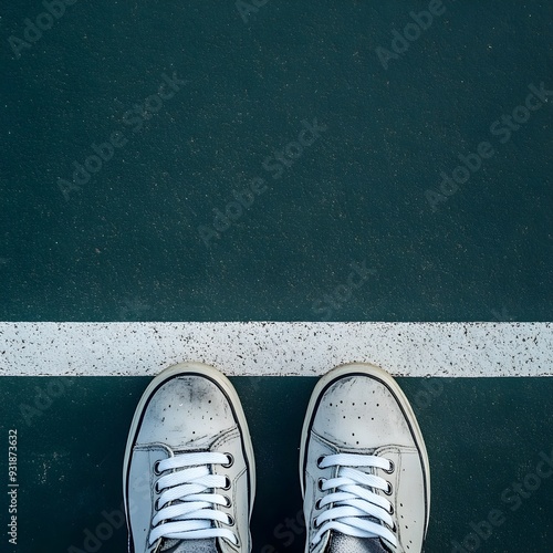 A pair of white tennis shoes neatly positioned on the baseline of a tennis court leaving ample copy space at the top for text overlay or additional design elements photo