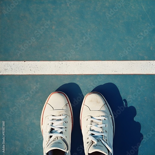 A pair of tennis shoes neatly placed on the baseline of a tennis court ready for a game or training session  The image has ample copy space at the top for text or branding