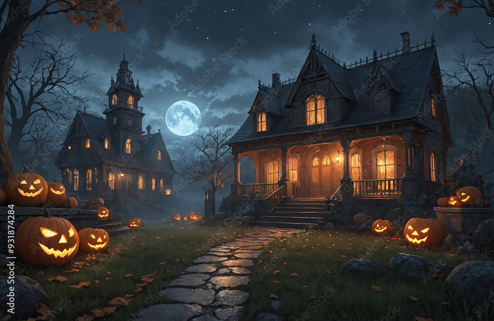 3d halloween render haunted house moon night pumpkin 3d halloween render haunted house moon night pumpkin