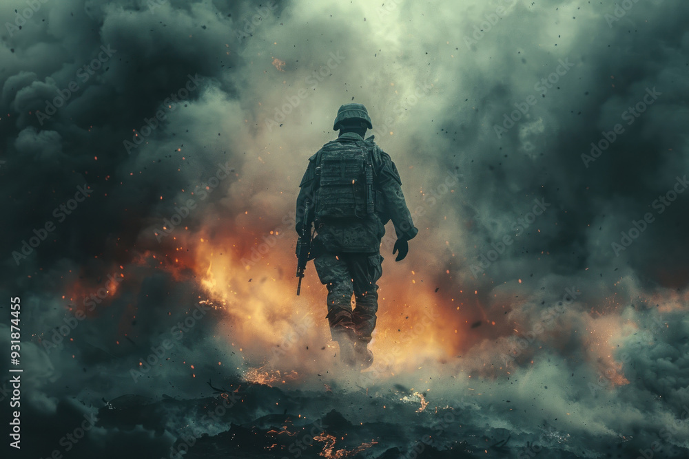 Fototapeta premium Determined soldier wades through battlefield smoke