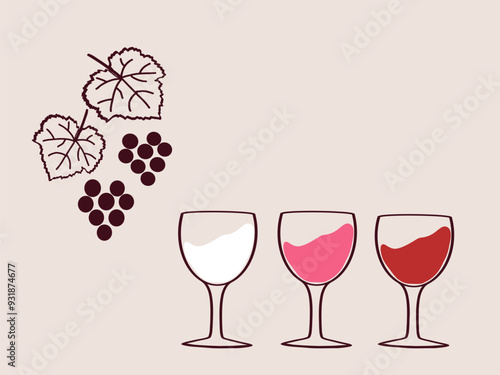 Three wine glasses displaying different types of wine alongside grapes and vine leaves on a neutral background