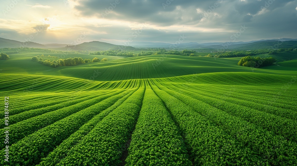 Green field under cloudy sky aerial view image. Picturesque farmland with growing plants photography scene wallpaper. Agricultural land panorama concept photorealistic photo Green field under cloudy sky aerial view image. Picturesque farmland with growing plants photography scene wallpaper. Agricultural land panorama concept photorealistic photo