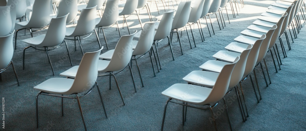 Fototapeta premium Rows of White Plastic Chairs Arranged in a Curved Pattern on a Blue Carpet
