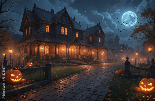 3d halloween render haunted house moon night pumpkin