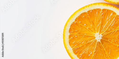 juicy orange slice, emphasizing the texture of its pulp and the vibrant yellow color, set against a bright white background, ideal for showcasing the fruit's health benefits and freshness
