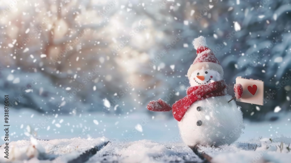 Winter arrival concept with Snowman with a blank placard in his hand Winter arrival concept with Snowman with a blank placard in his hand