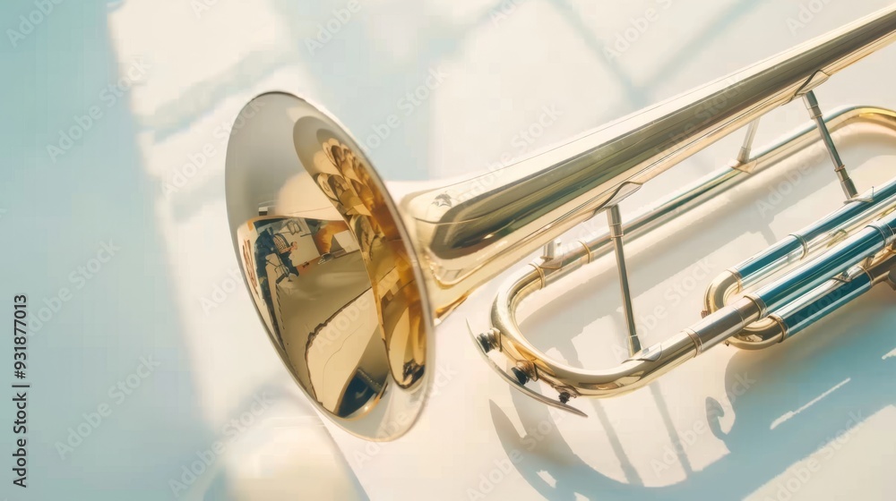 Obraz premium View of the bell of a trombone on a white table