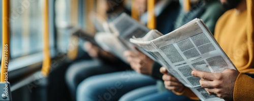 A group of commuters sitting on public transport, reading newspapers during their journey. Focus on hands holding the papers, with blurred background.
