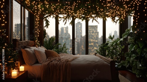 A bedroom with a city view and a Christmas tree. The room is decorated with lights and plants photo