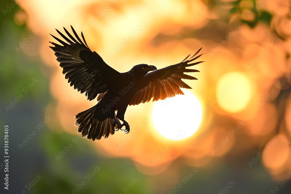Fototapeta premium Majestic Bird in Flight Against a Stunning Sunset Background