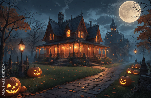 3d halloween render haunted house moon night pumpkin