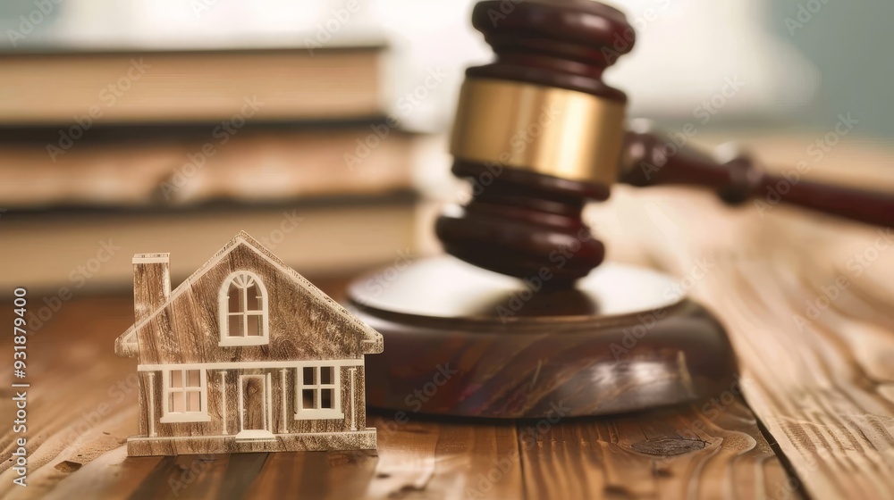 Housing reference judgment concept with judge beating with a gavel and house cutout on wooden table Housing reference judgment concept with judge beating with a gavel and house cutout on wooden table