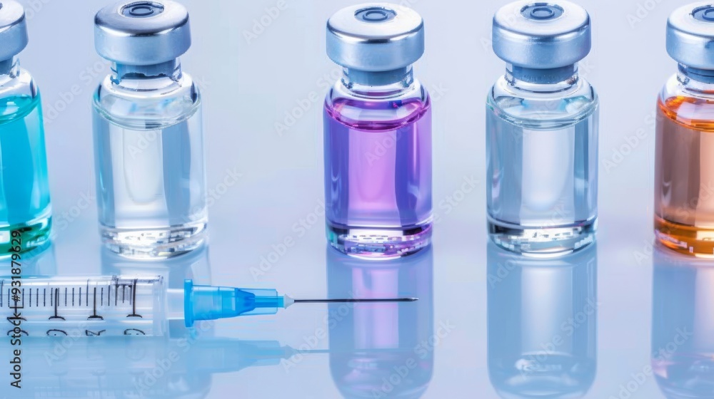 Vials with medication and syringe on blue methacrylate table Vials with medication and syringe on blue methacrylate table