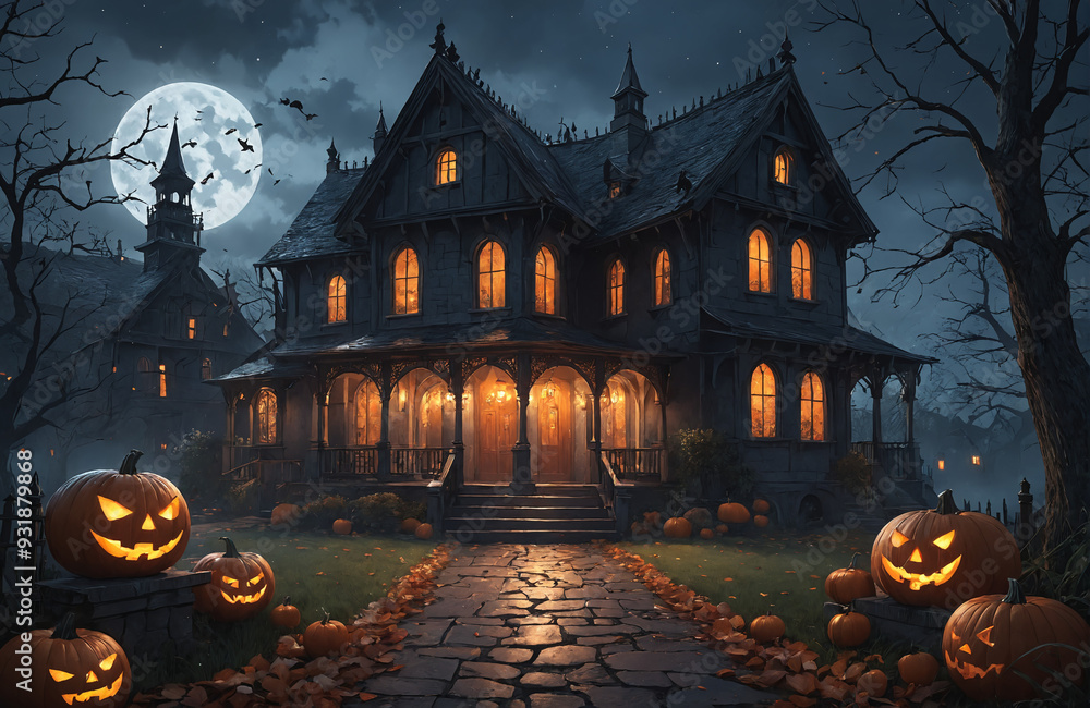 3d halloween render haunted house moon night pumpkin 3d halloween render haunted house moon night pumpkin