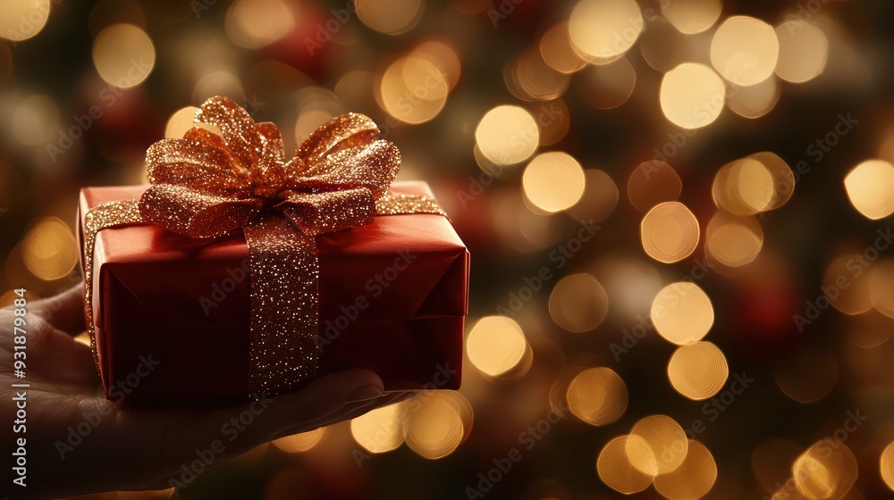 A person is holding a red box with a gold bow on it. The box is wrapped in shiny paper and he is a gift. The image has a warm and festive mood A person is holding a red box with a gold bow on it. The box is wrapped in shiny paper and he is a gift. The image has a warm and festive mood