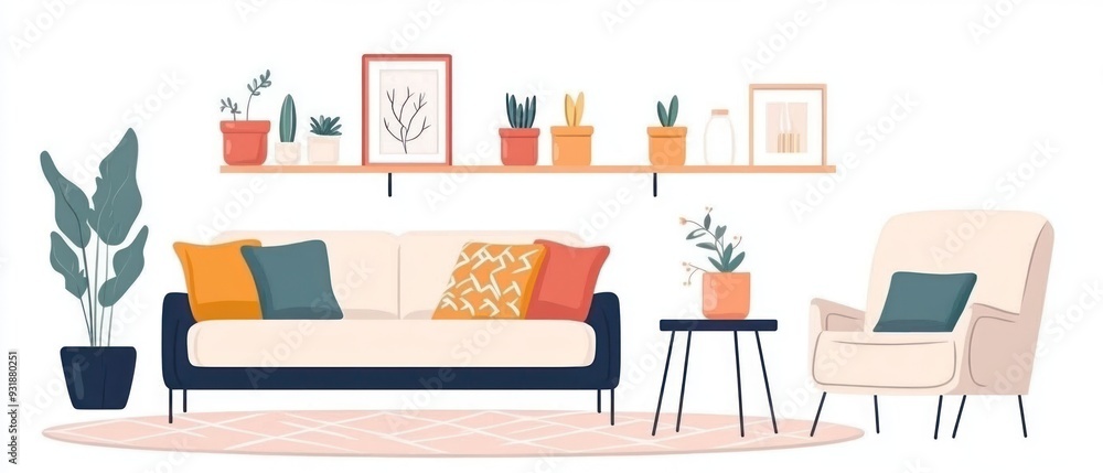 Living Room Interior with Sofa, Armchair, and Plants Living Room Interior with Sofa, Armchair, and Plants