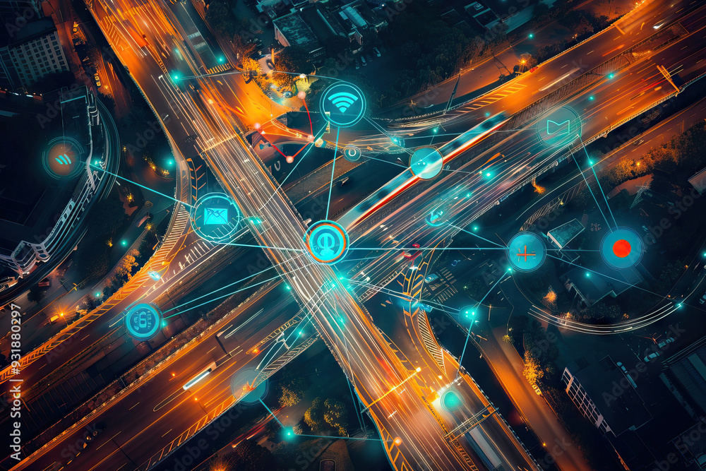 Aerial view of a smart city intersection at night Aerial view of a smart city intersection at night