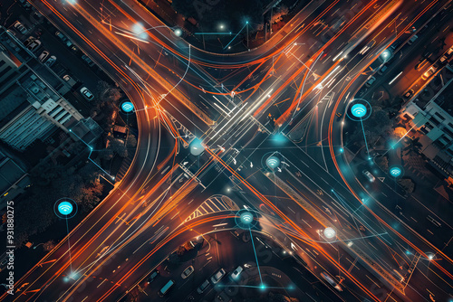 Aerial view of a smart city intersection at night