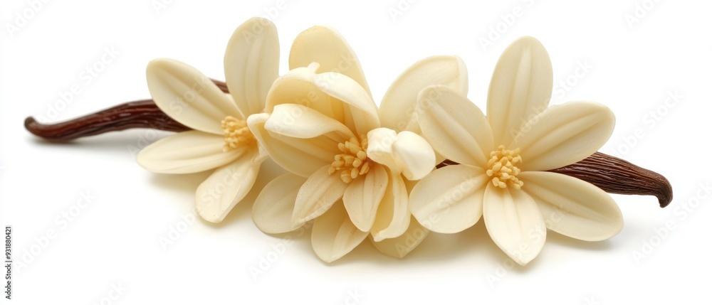 Vanilla Bean with Three Delicate White Flowers Vanilla Bean with Three Delicate White Flowers