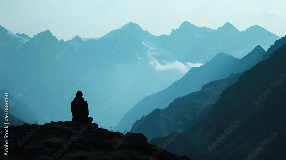 A person standing on a rocky outcrop with mountains in the background. A person standing on a rocky outcrop with mountains in the background.