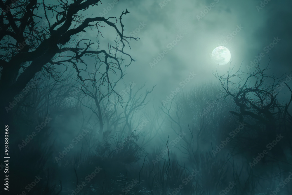 Eerie night in a haunted forest under a full moon