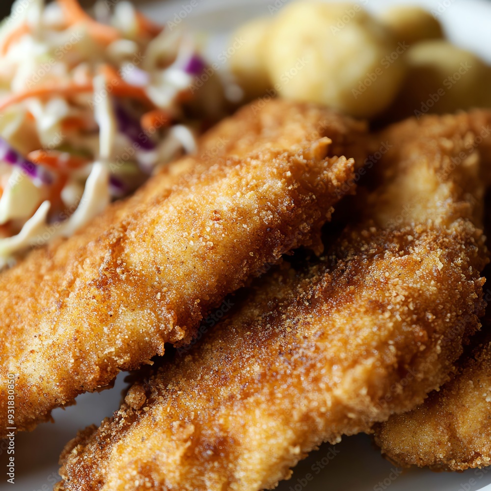 Crispy fried chicken tenders served with coleslaw and potato wedges. Crispy fried chicken tenders served with coleslaw and potato wedges.