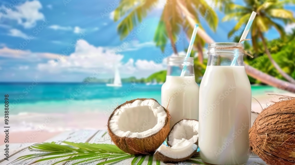 Coconut milk in containers with coconut fruit on wooden table with beach in background
Coconut milk in containers with coconut fruit on wooden table with beach in background