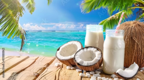 Coconut milk in containers with coconut fruit on wooden table with beach in background 