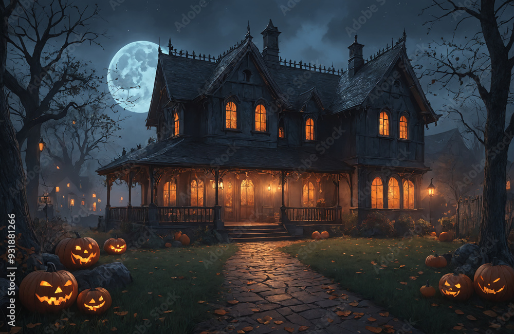3d halloween render haunted house moon night pumpkin 3d halloween render haunted house moon night pumpkin