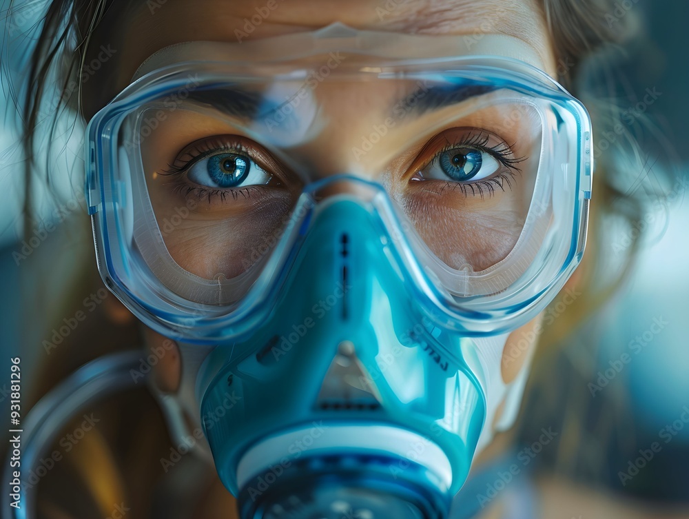 A close-up of a person wearing a medical mask and goggles, focusing on their intense blue eyes in a clinical environment during the daytime A close-up of a person wearing a medical mask and goggles, focusing on their intense blue eyes in a clinical environment during the daytime