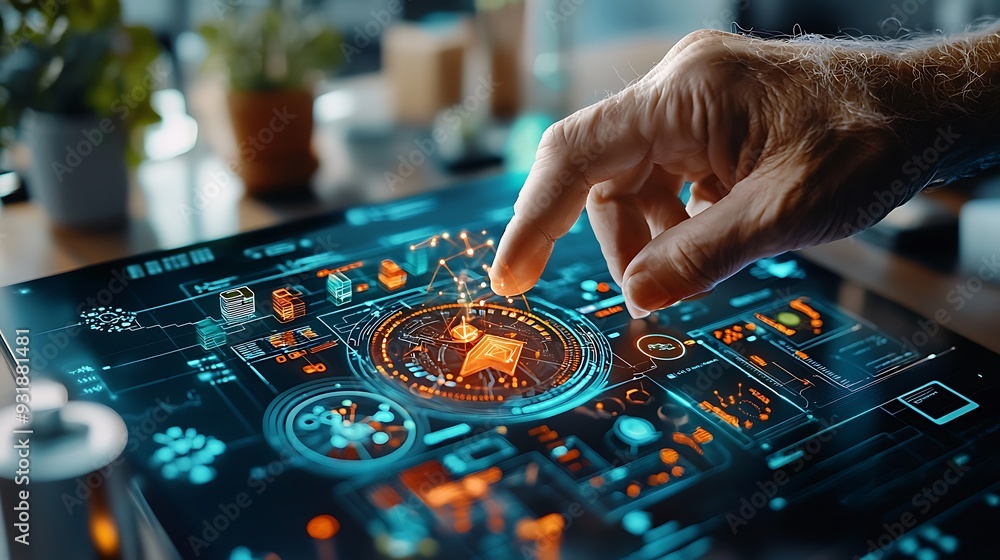 Naklejka premium Hand Interacting with Futuristic Digital Interface on Tablet: Features a hand engaging with a high-tech digital interface on a tablet, illustrating advanced technology and user interaction.